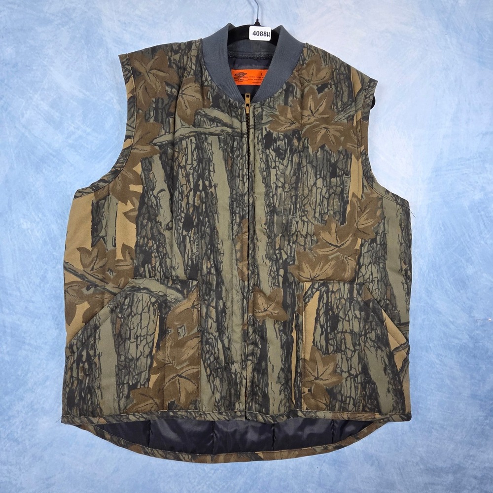 Vintage Dickies Industrial Wear Trebark Camo Vest Mens Large Full Zip Quilted